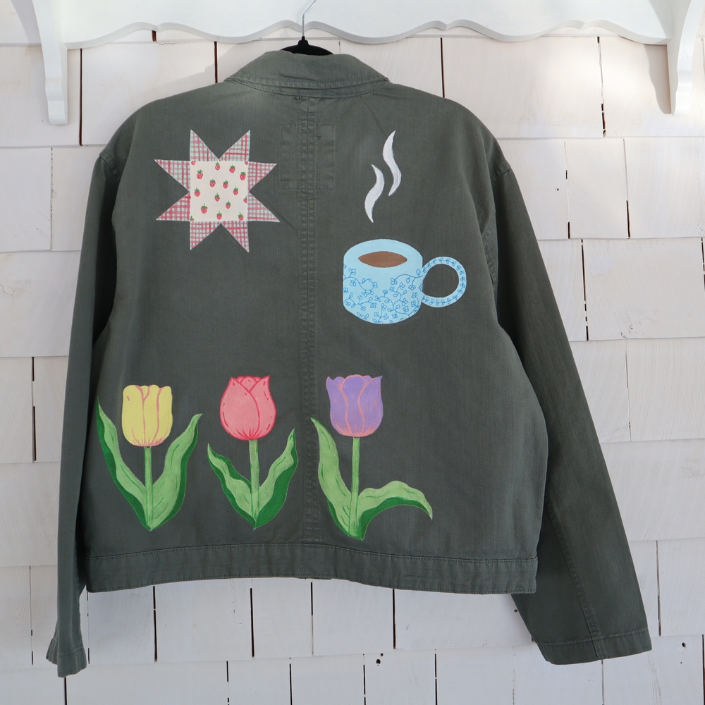 Hand Painted Olive Utility Jacket Rose Goose Patchwork Quilt Star L • XL • 2XL - Picture 4 of 13